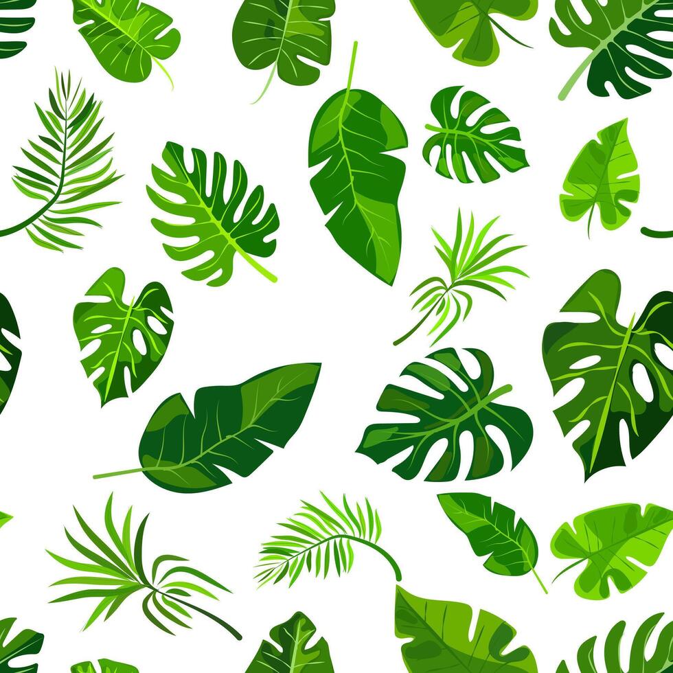 seamless pattern of vibrant green leaves on a white background. Various leaf shapes and sizes create a fresh, natural, and tropical appearance, perfect for eco-friendly or botanical projects vector