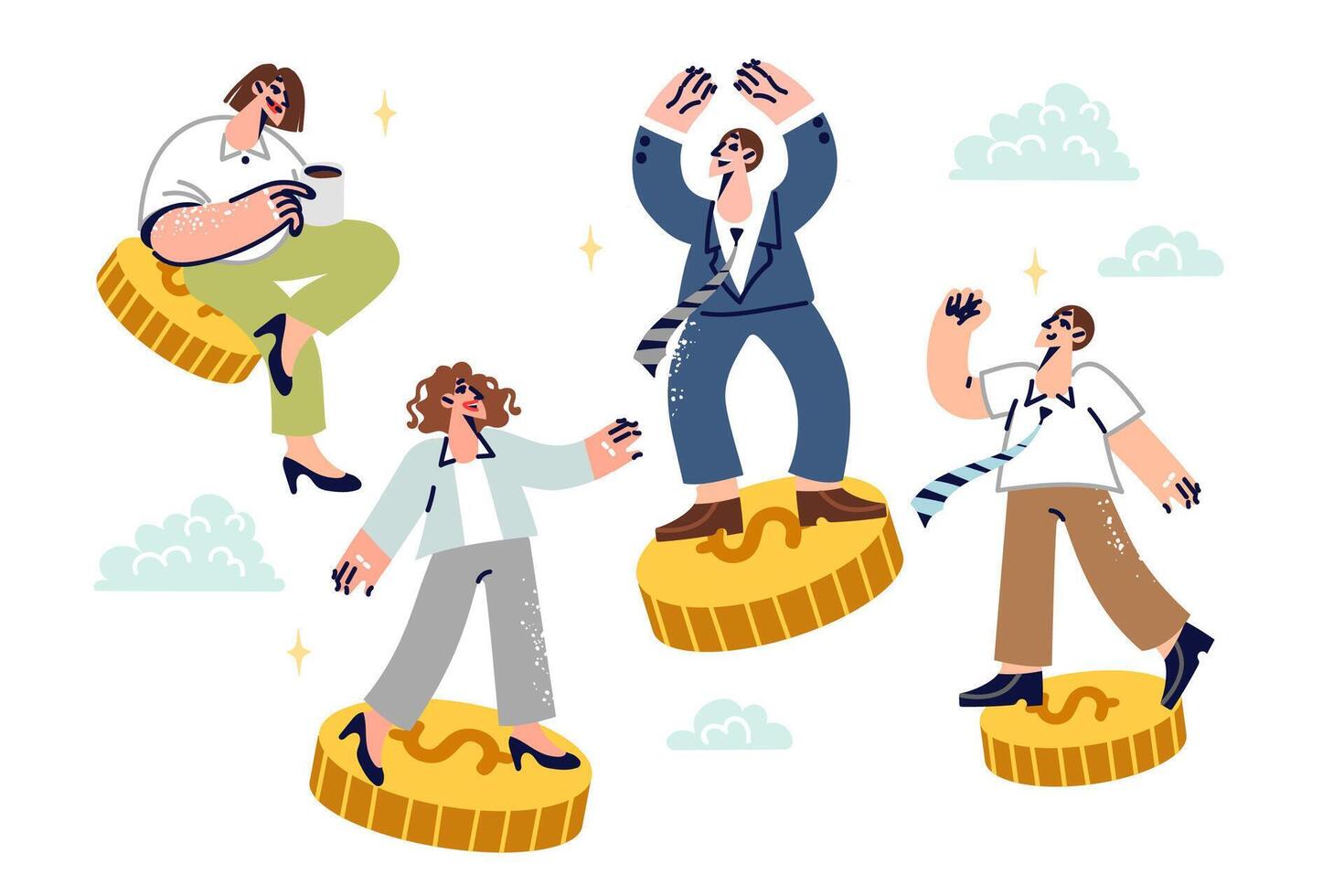 Team business people achieves financial success, receives dividends, flying on coins across sky vector
