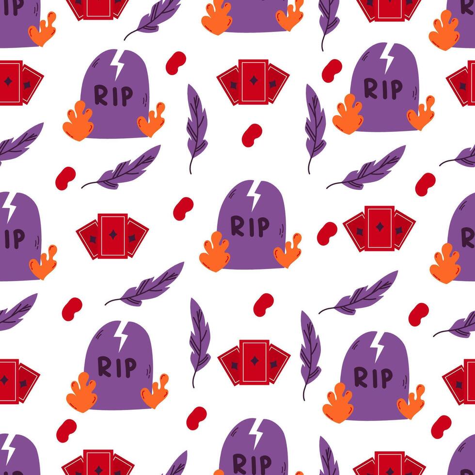 Halloween seamless background with taro cards, tombstone, feather. Suitable for designing textile fabrics, wrapping paper, website wallpaper, textiles, wallpaper and clothing vector