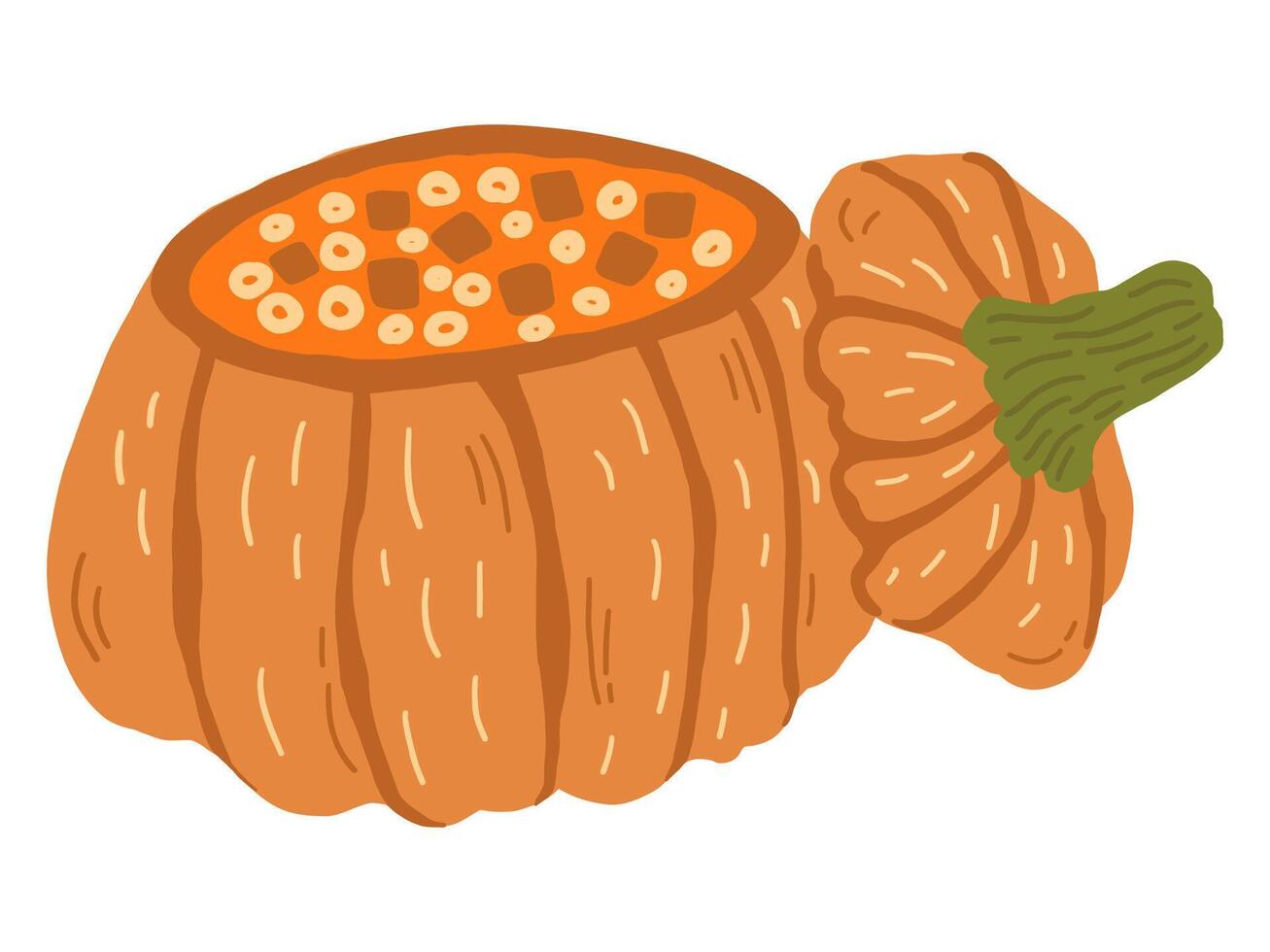 Pumpkin soup in a pumpkin. Symbol of Halloween and Thanksgiving. illustration on a white background in doodle style. vector
