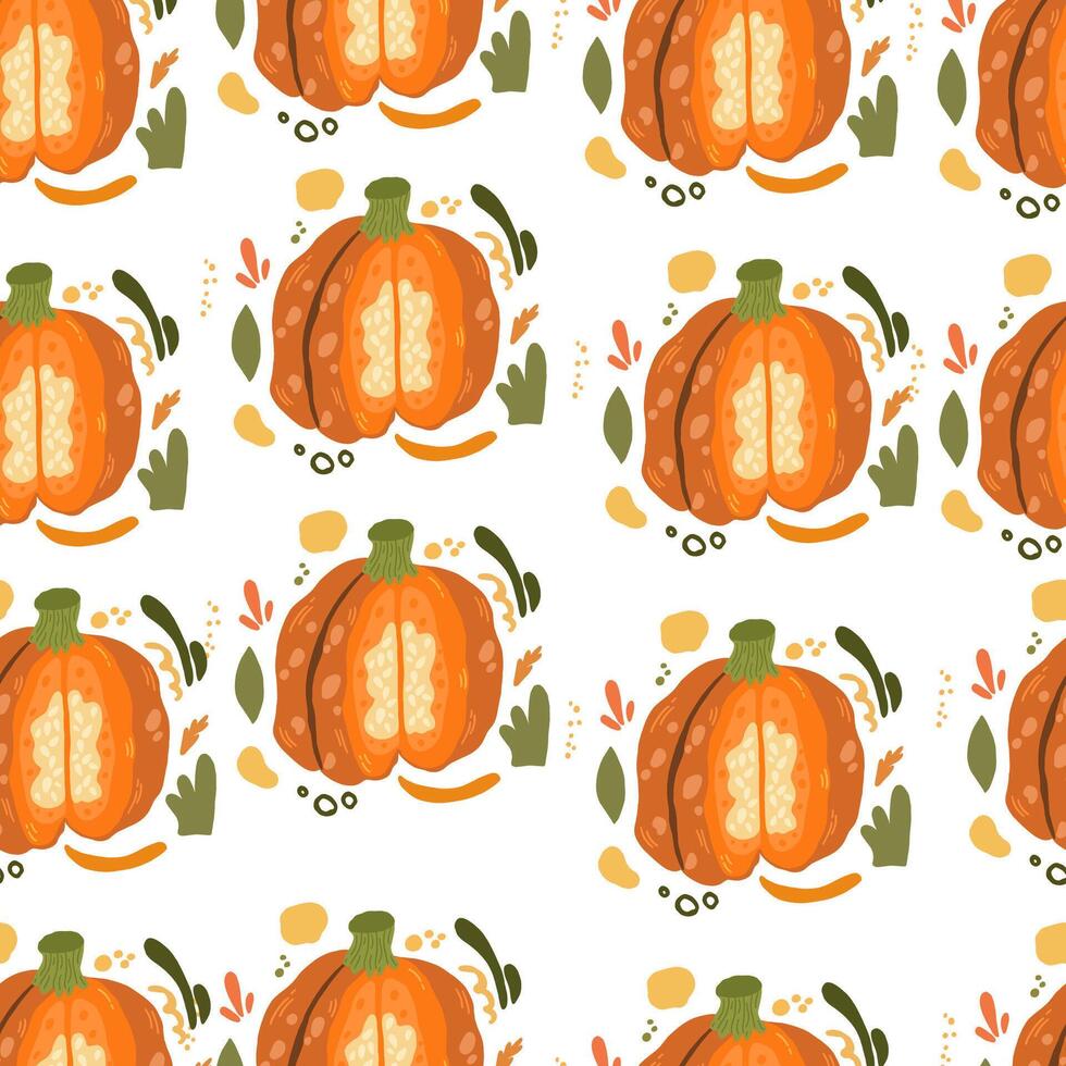 orange falling pumpkins seamless repeat pattern background. Symbol of Halloween and Thanksgiving. Great for fall themed designs, invitation, fabric, packaging projects. vector