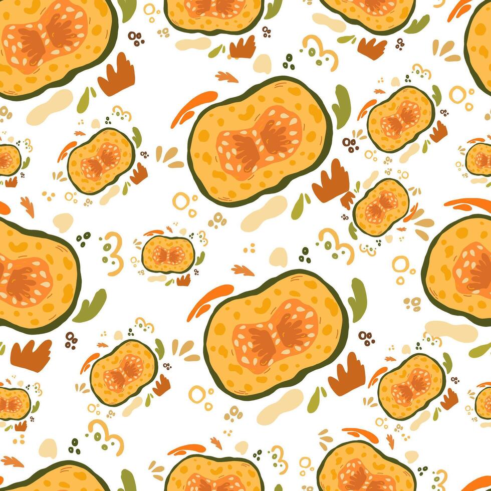 orange falling pumpkins seamless repeat pattern background. Symbol of Halloween and Thanksgiving. Great for fall themed designs, invitation, fabric, packaging projects. vector