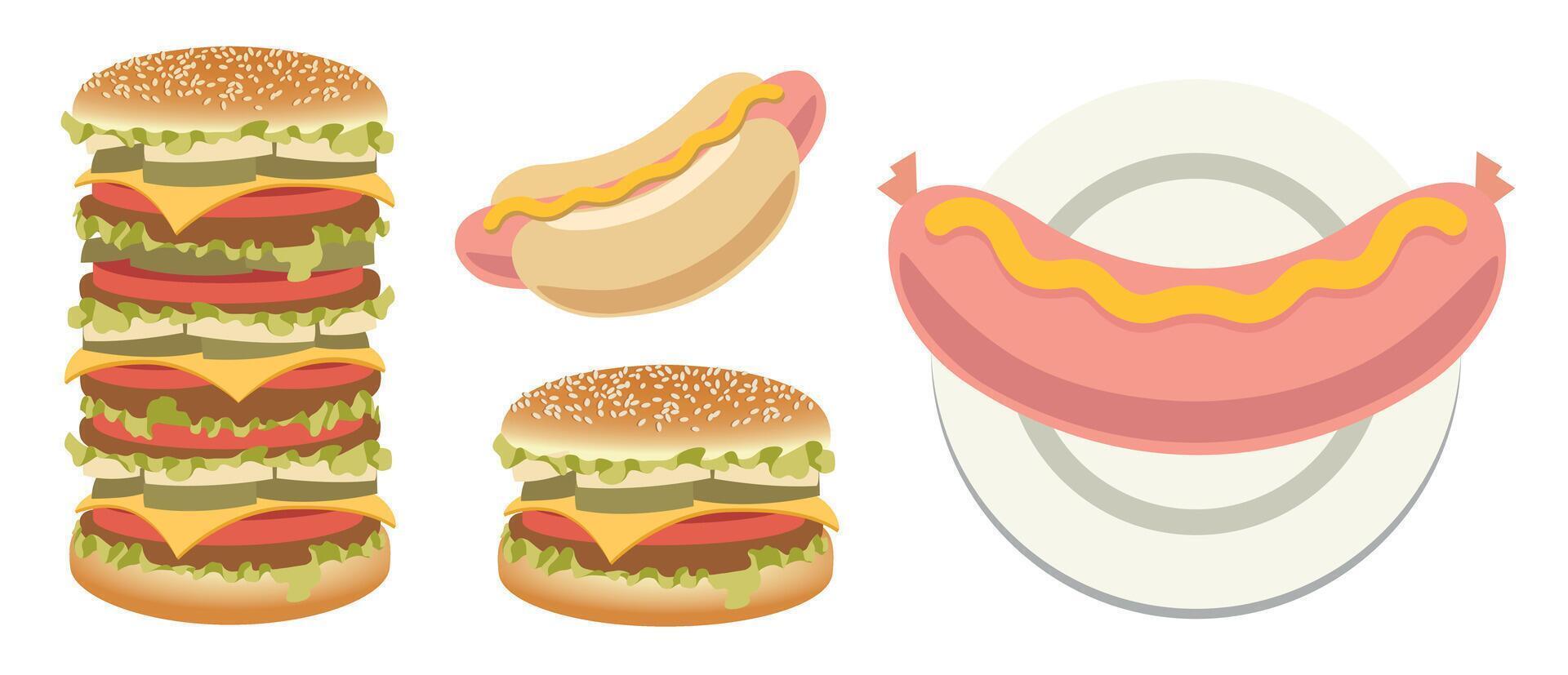 Retro Fast Food Set, Hamburger, Sausage and Hot Dog Mid-Century Modern Illustration Collection vector
