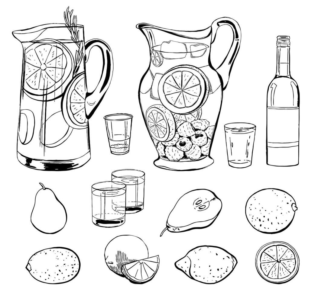 Summer refreshments with fruits and berries. Sangria and raspberry and lemon water illustration. Black outline drink illustration set isolated on white for pastry shops, bakery, restaurant menus vector