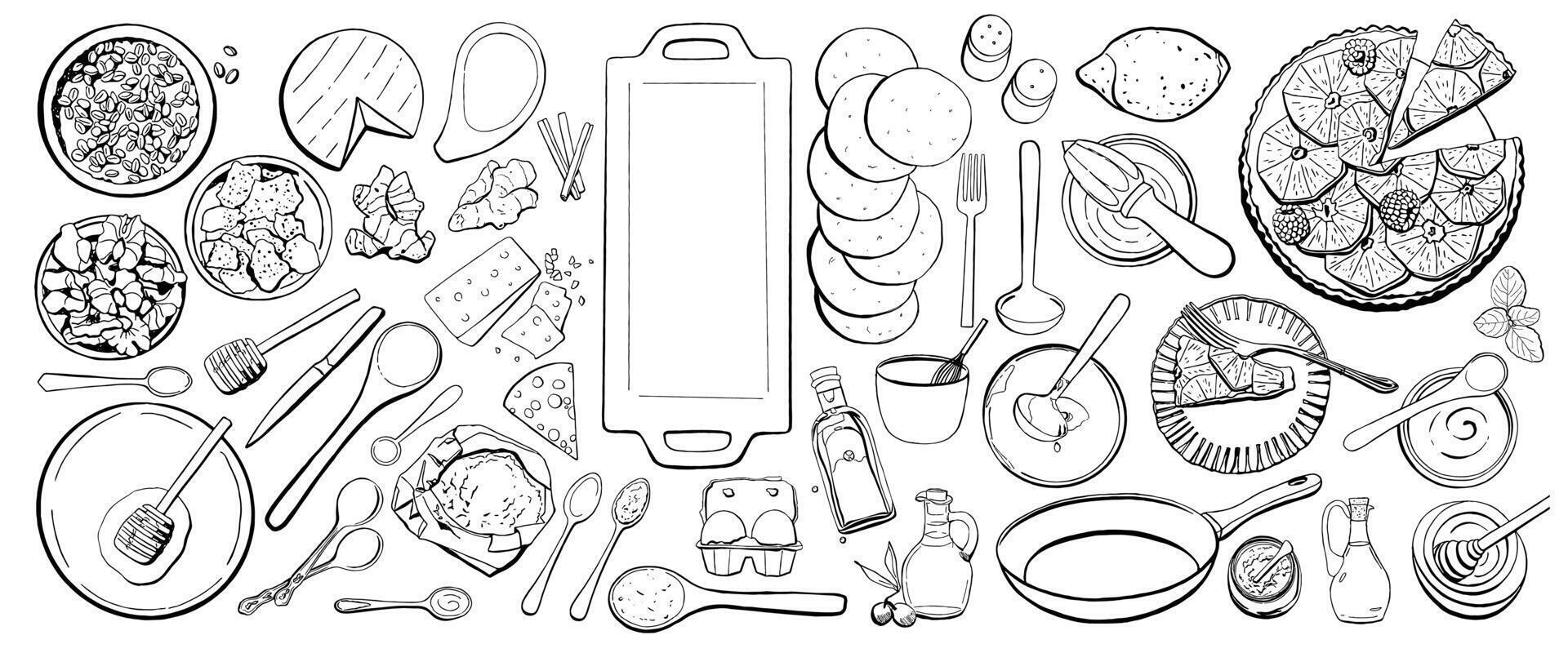Set of food and tools for home baking c flour, honey, nuts, cheese, nutmeg, eggs, lemon, cinnamon, bowls, dish, tart. Black outline illustration for pastry shops, bakery, restaurant and cafe menu vector