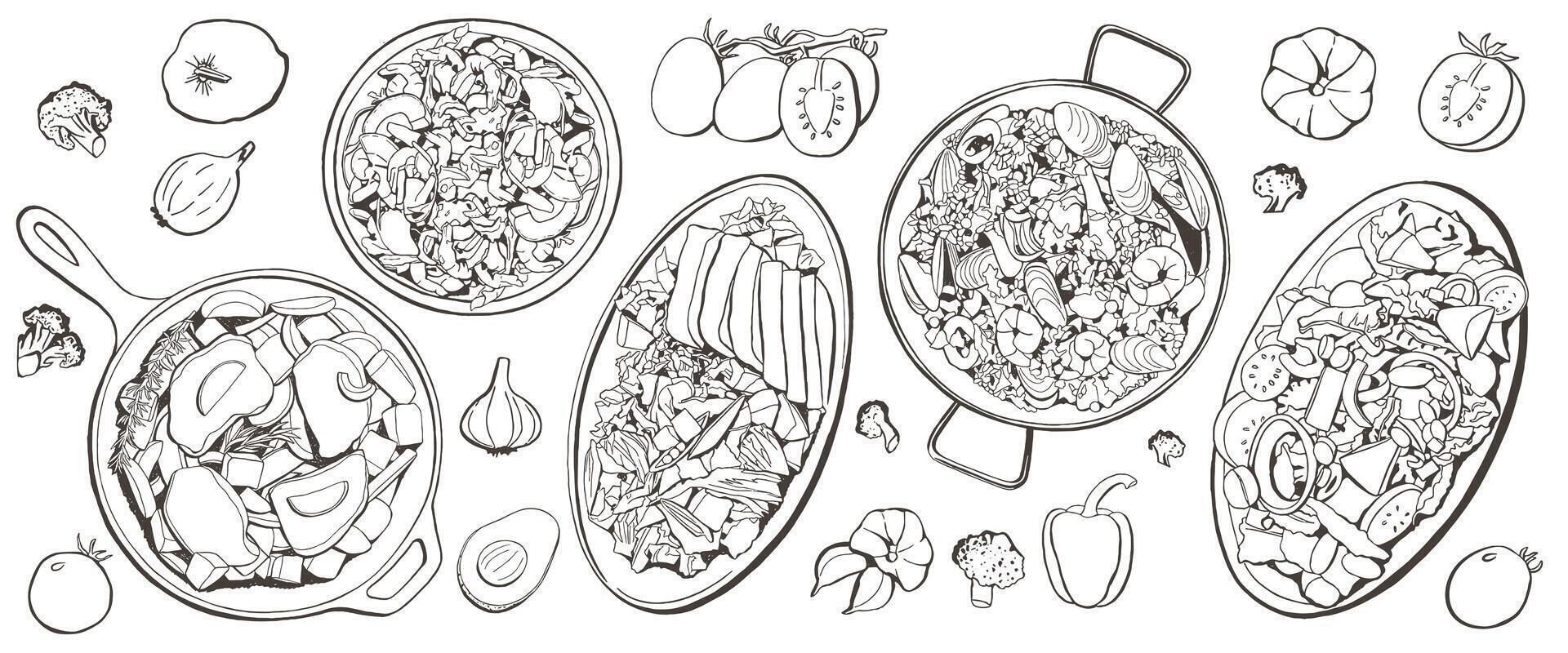 Hand-drawn Salads Healthy Food Sketch Set, Outline Illustration vector