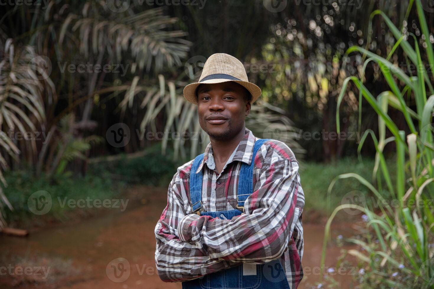 Portrait of a farmer posing with folded arms, smiling successful African businessman. photo