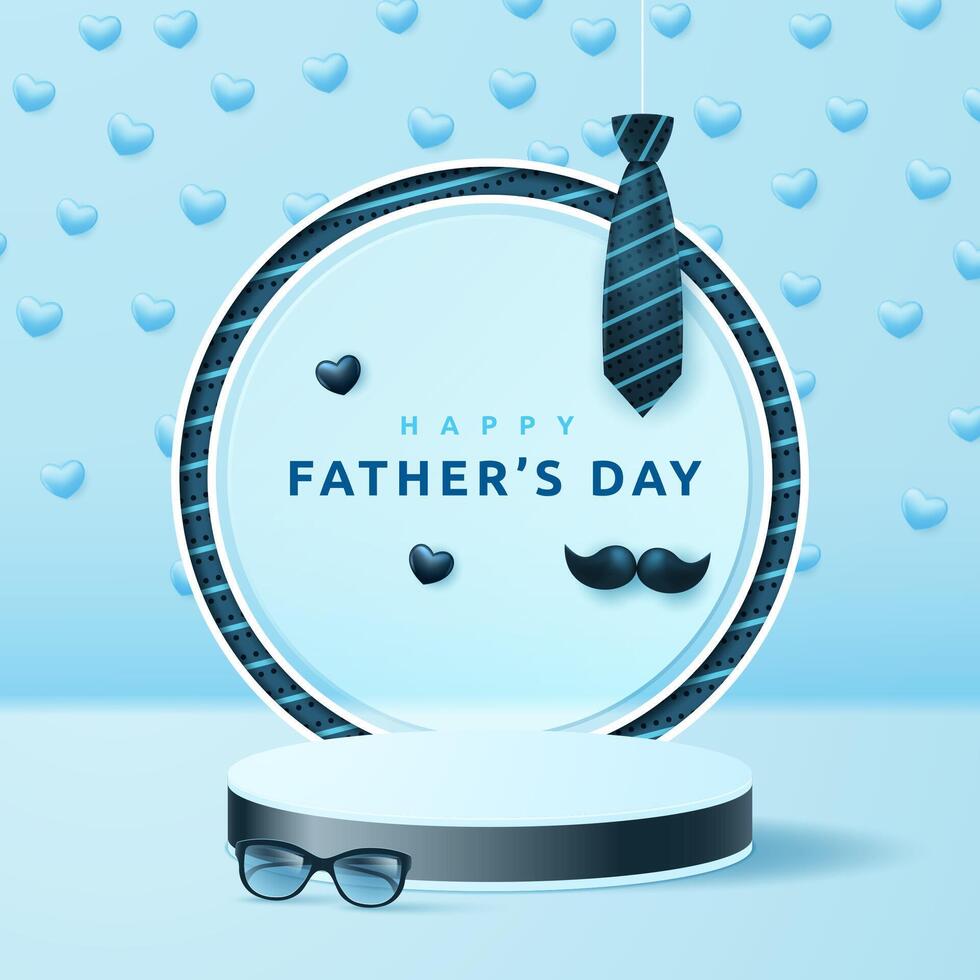 Father's day round podium with tie, glasses and mustache on a blue background with hearts. vector