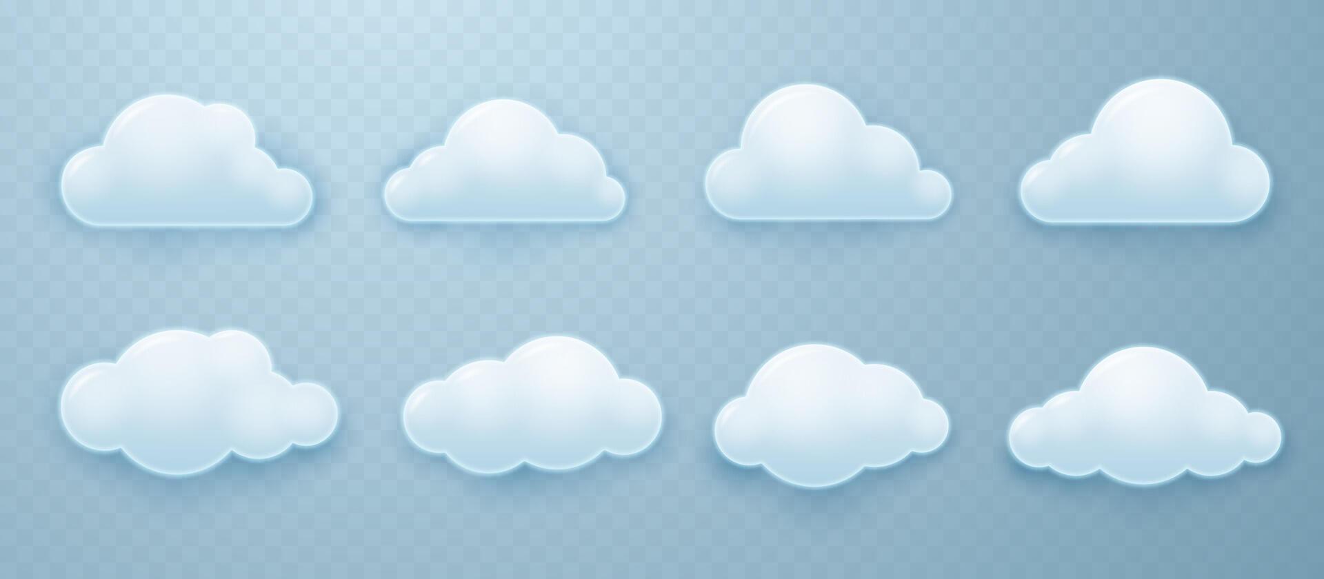 White cartoon fluffy rounded cumulus clouds with shadows in 3D style. vector
