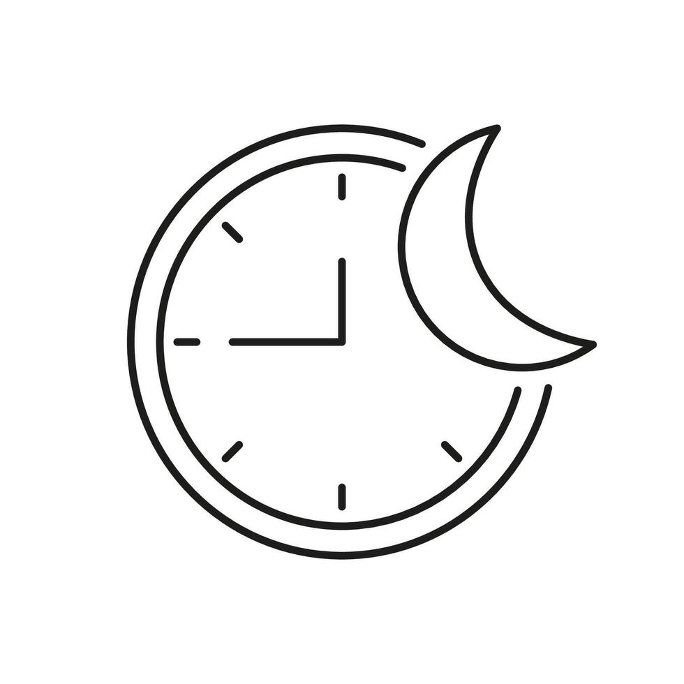 Night Time Mode, Moon with Clock Line Icon. Time Management And Scheduling For Healthy Lifestyle And Wellness. Isolated Illustration vector