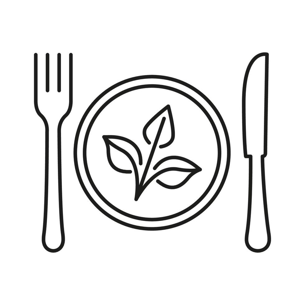 Vegan Food Line Icon with Fork And Knife With Leaf On Plate, Symbolizing Healthy Eating And Plant Based Diet. Vegetarian Nutrition Concept. Isolated Illustration vector