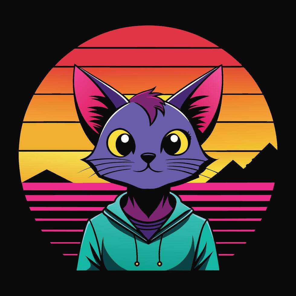 A stylish and nostalgic t-shirt design with a silhouette of an anime of cat vector