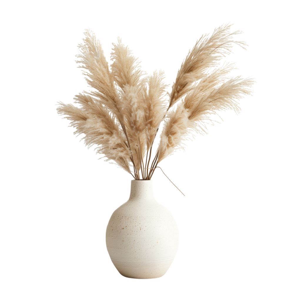 A pampa grass arrangement in a simple ceramic vase, isolated on a transparent background png