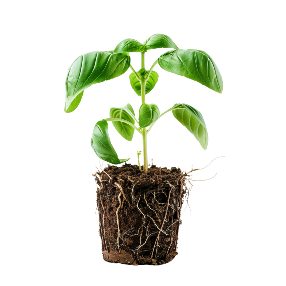 A basil plant with root ball, real photo, stock photography, isolated on a transparent background png