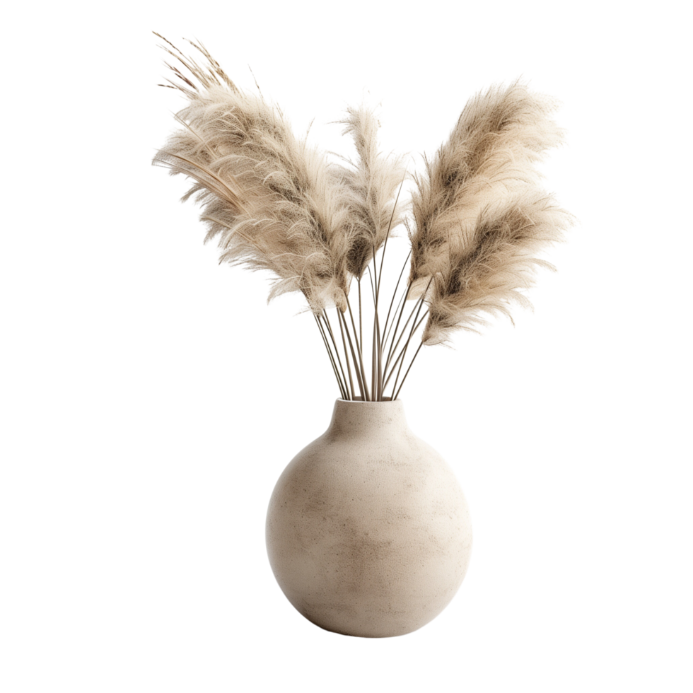 A pampa grass arrangement in a simple ceramic vase, isolated on a transparent background png