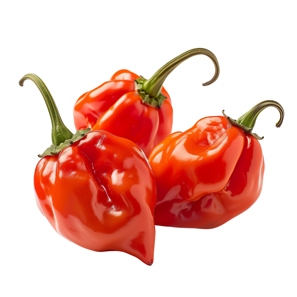 Fresh red habanero peppers in focus, isolated on a transparent background png
