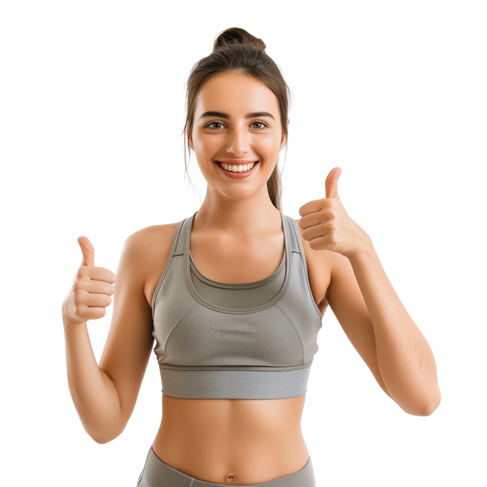 Cheerful woman in athletic wear showing a thumbs-up, isolated on a transparent background png