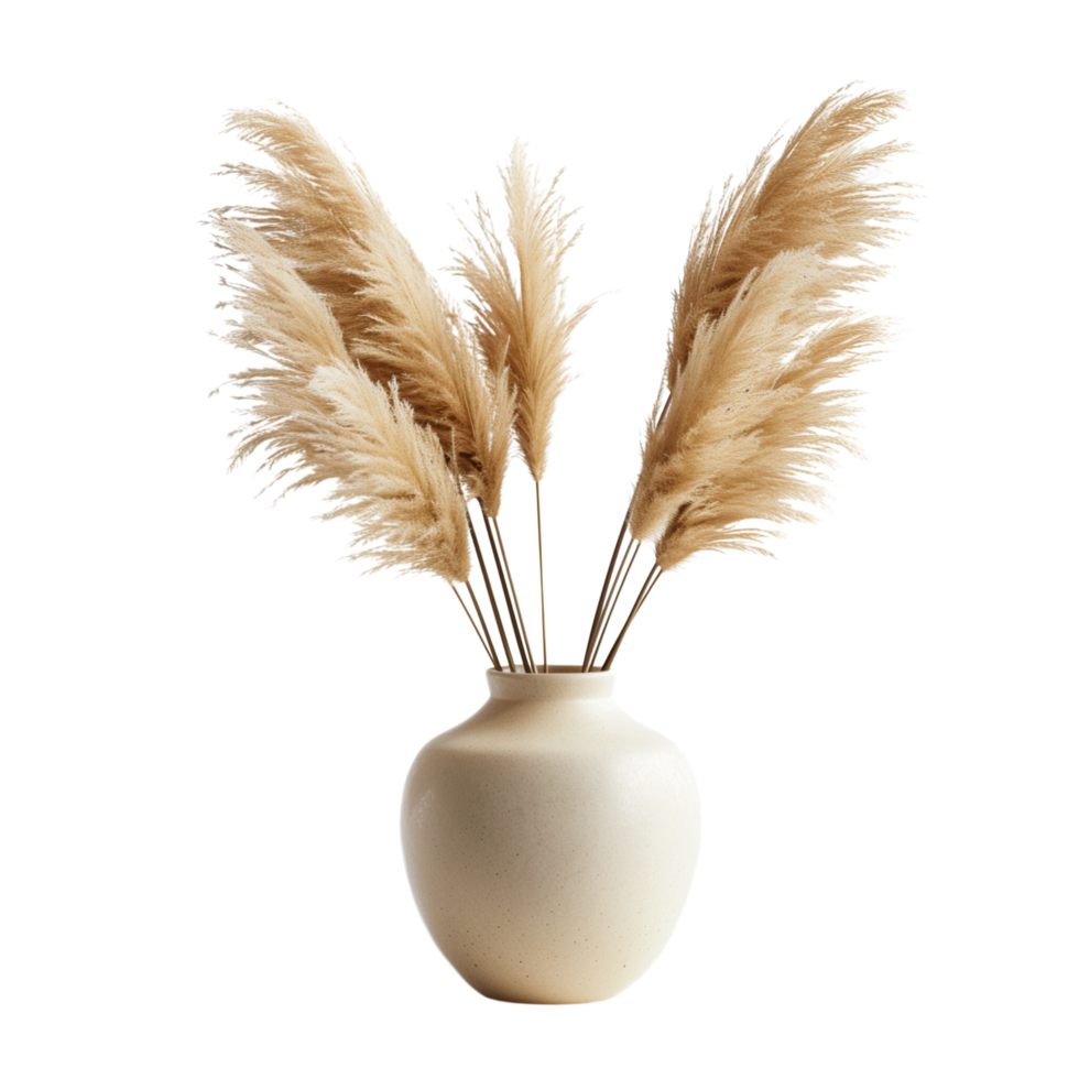 A pampa grass arrangement in a simple ceramic vase, isolated on a transparent background png