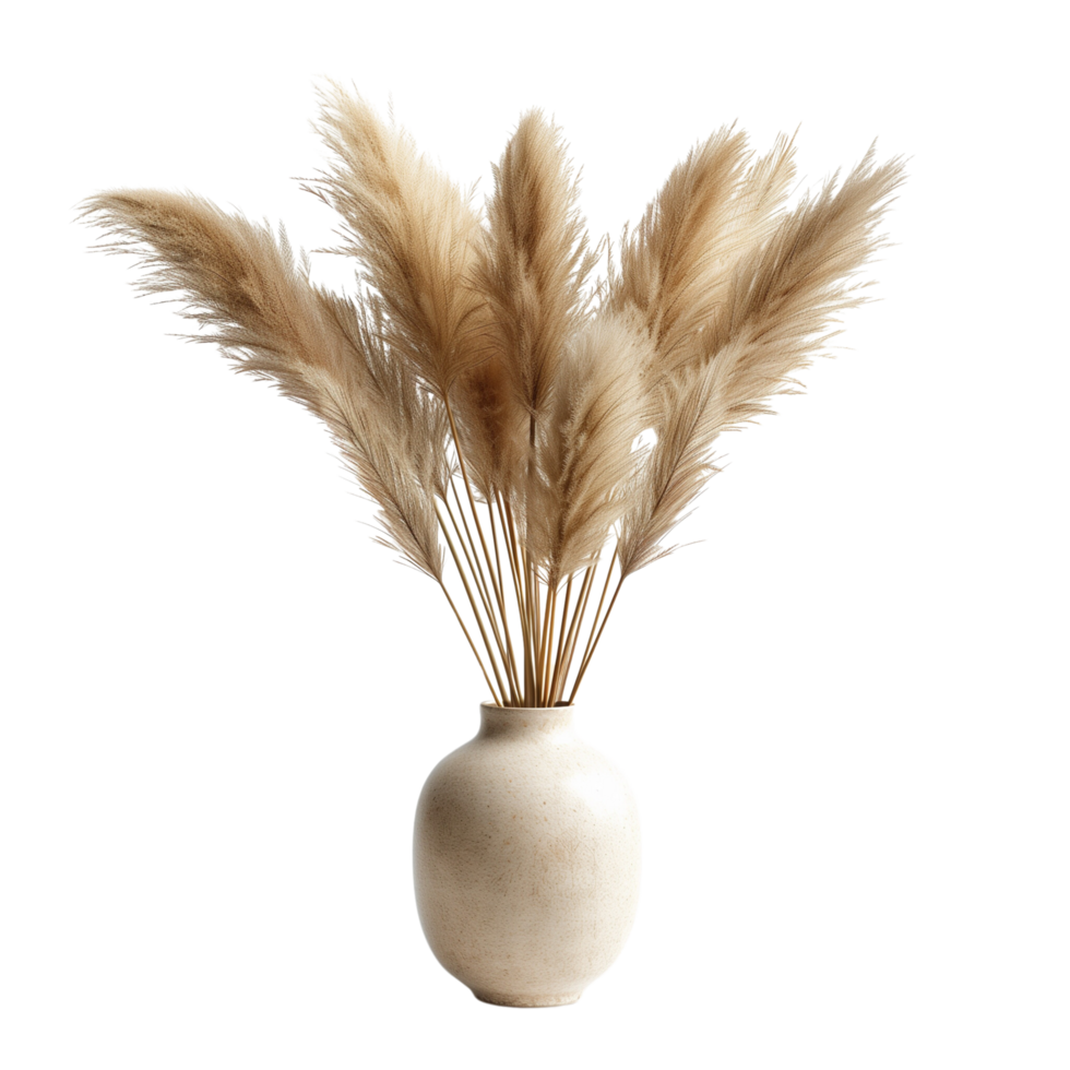 A pampa grass arrangement in a simple ceramic vase, isolated on a transparent background png
