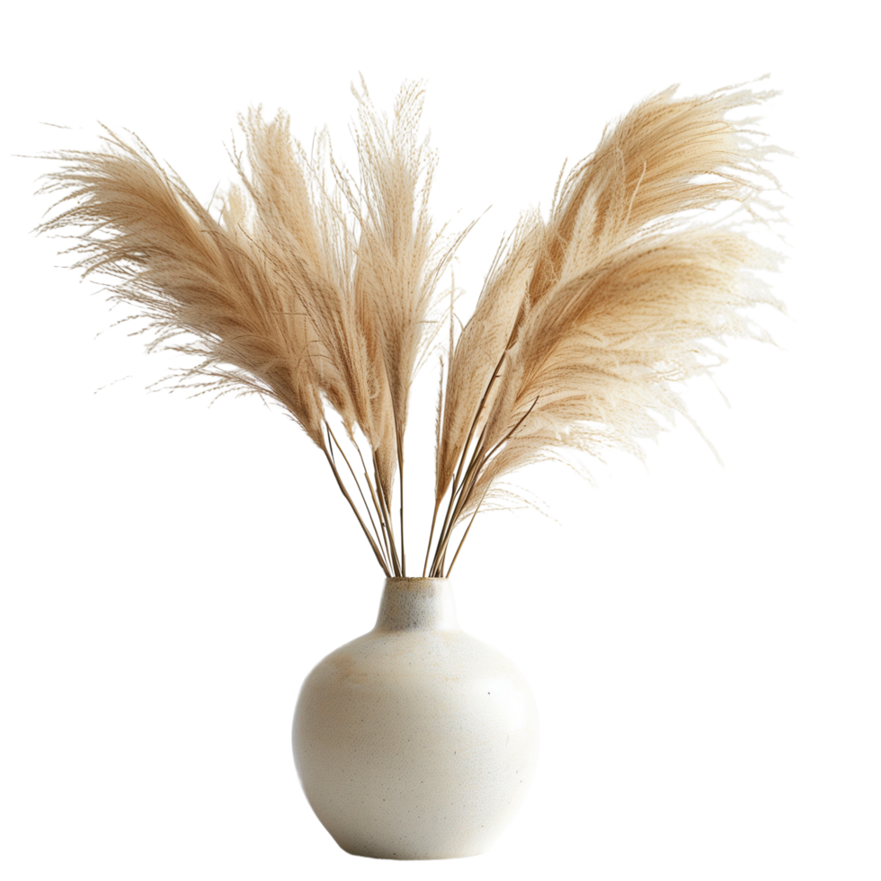 A pampa grass arrangement in a simple ceramic vase, isolated on a transparent background png