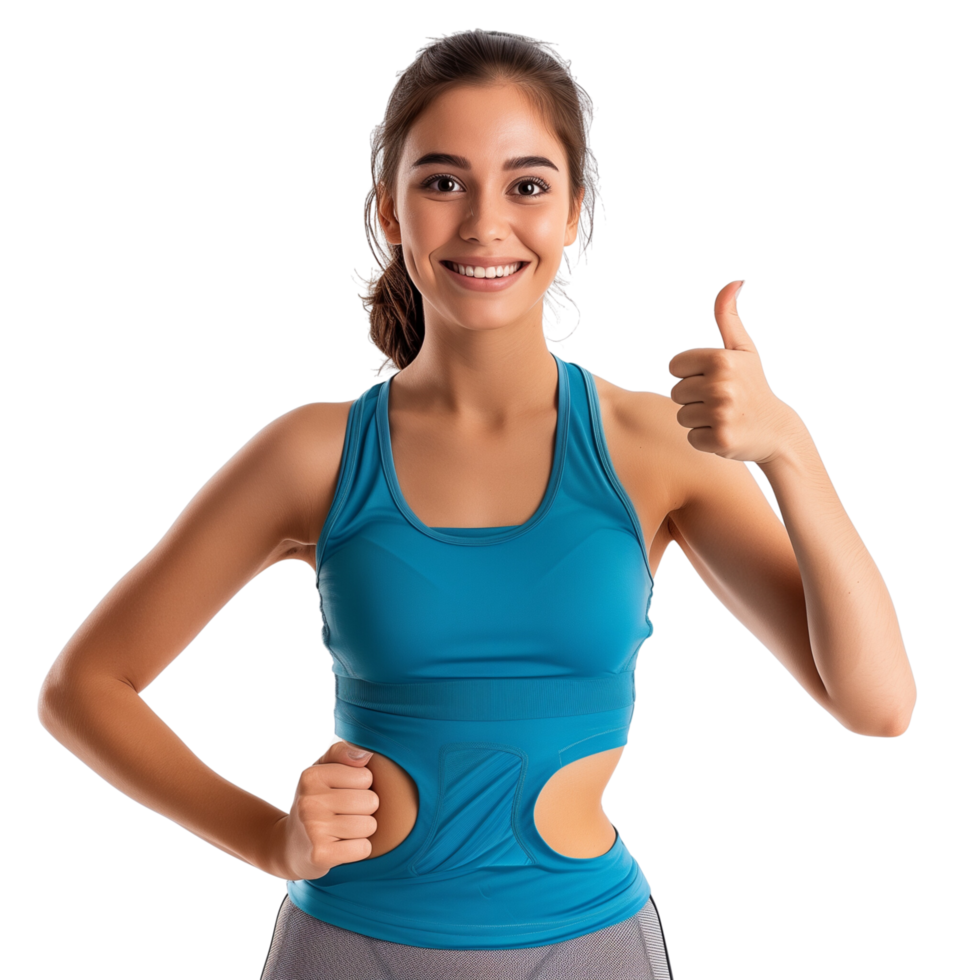 Cheerful woman in athletic wear showing a thumbs-up, isolated on a transparent background png
