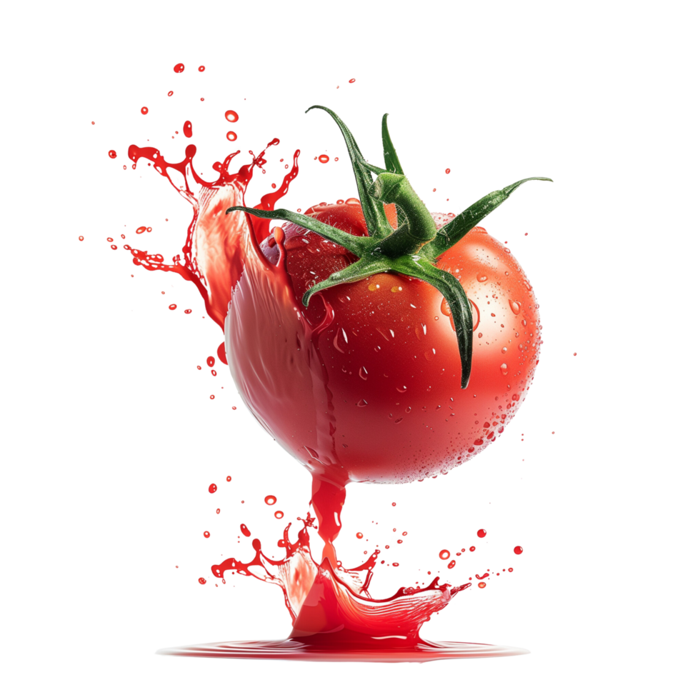 A fresh tomato in a vibrant red sauce splash, captured mid-air, isolated on a transparent background png