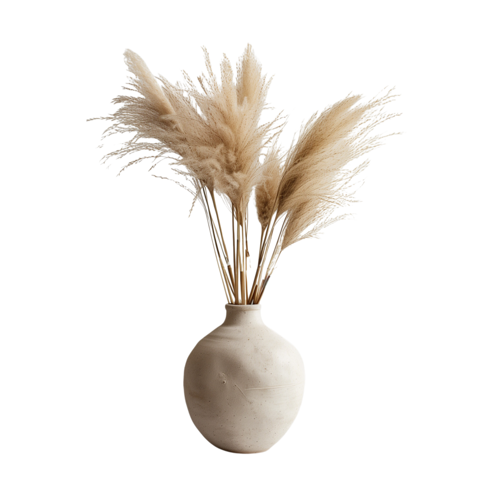 A pampa grass arrangement in a simple ceramic vase, isolated on a transparent background png