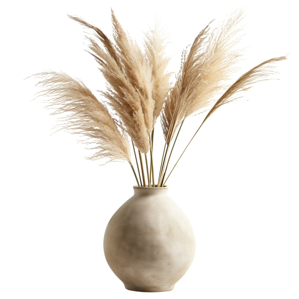 A pampa grass arrangement in a simple ceramic vase, isolated on a transparent background png