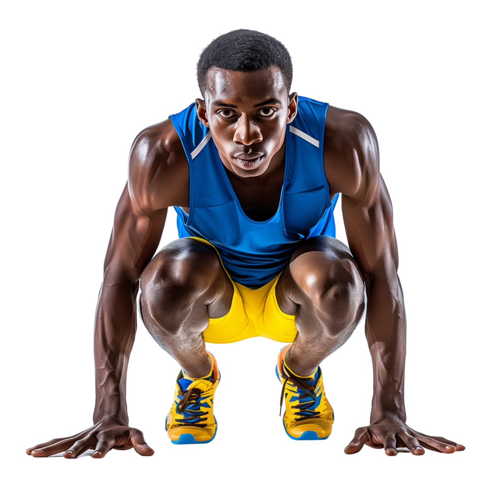 A joyful sprinter crouched in a starting position, ready to race, isolated on a transparent background png