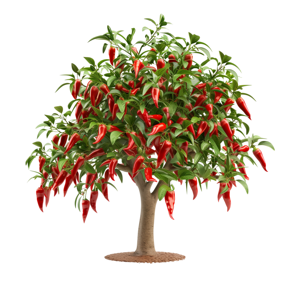 A healthy red chili pepper tree laden with bright red peppers, isolated on a transparent background png