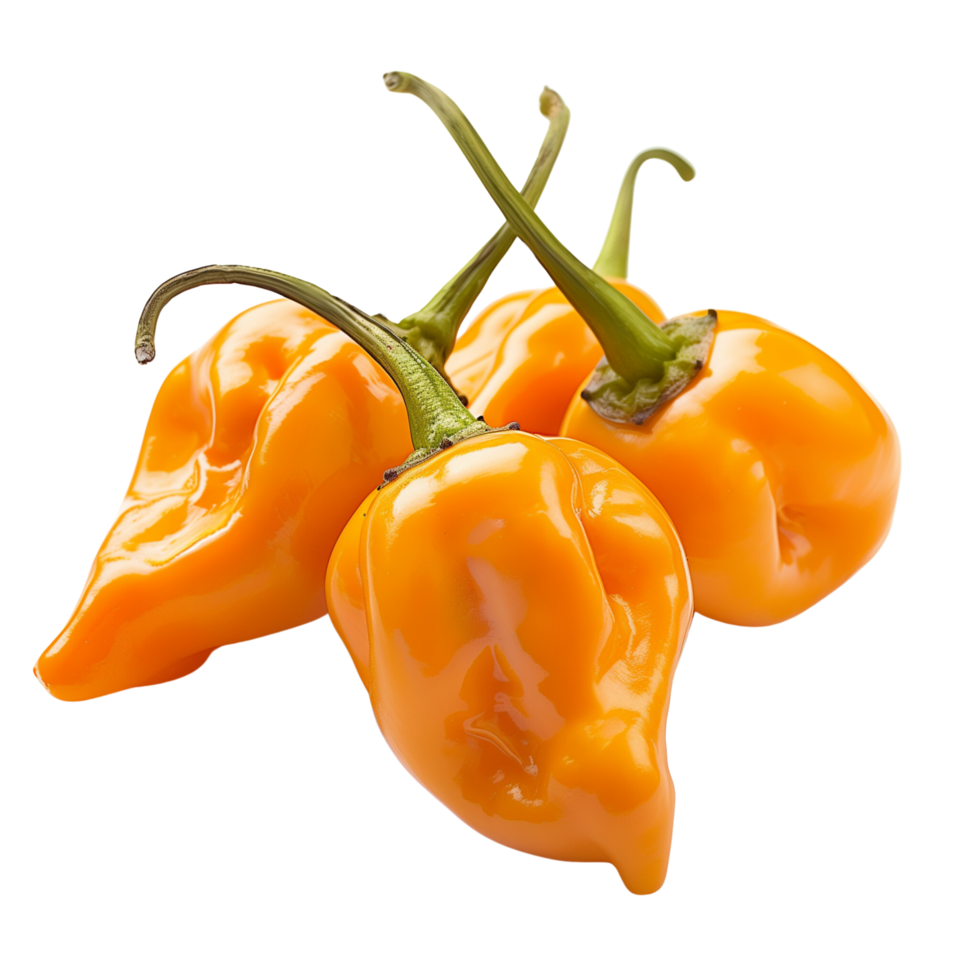Fresh orange habanero peppers in focus, isolated on a transparent background png