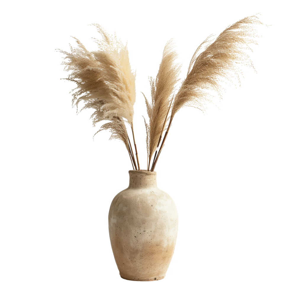 A pampa grass arrangement in a simple ceramic vase, isolated on a transparent background png