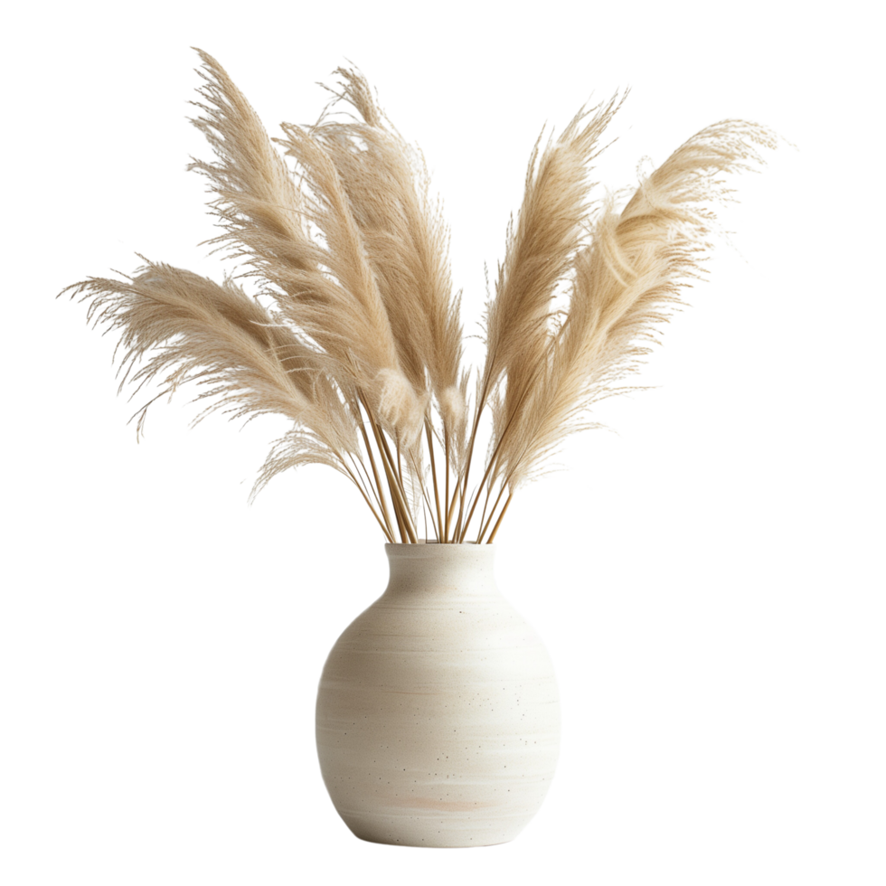 A pampa grass arrangement in a simple ceramic vase, isolated on a transparent background png