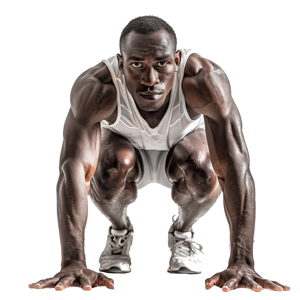 A joyful sprinter crouched in a starting position, ready to race, isolated on a transparent background png