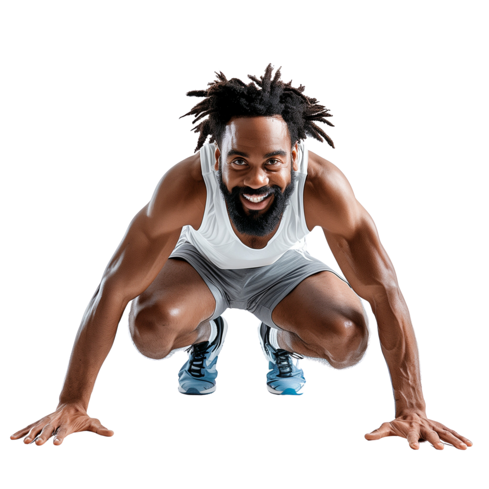 A joyful sprinter crouched in a starting position, ready to race, isolated on a transparent background png