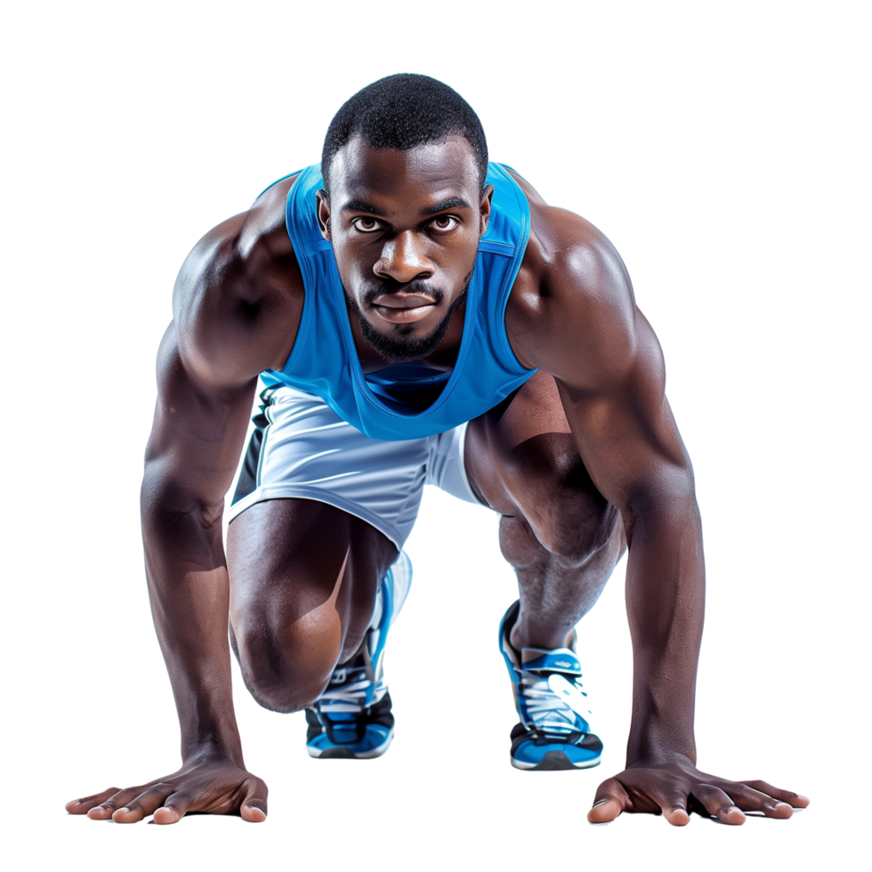 A joyful sprinter crouched in a starting position, ready to race, isolated on a transparent background png