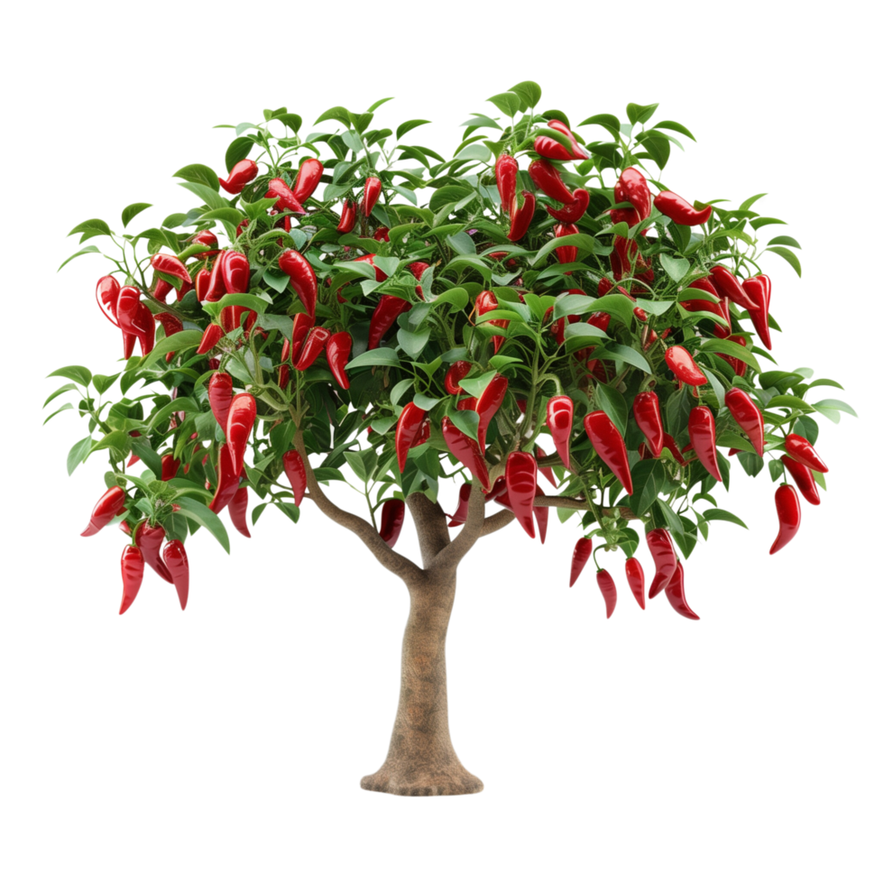 A healthy red chili pepper tree laden with bright red peppers, isolated on a transparent background png