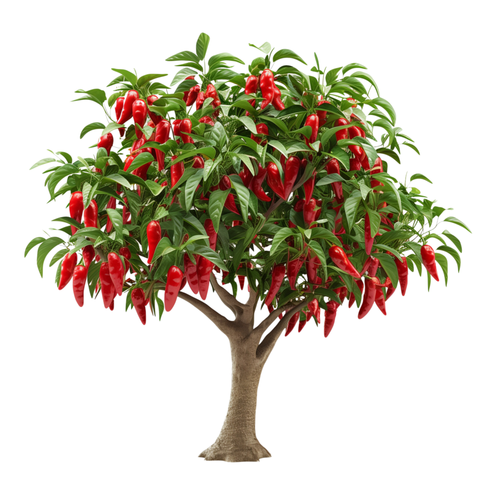 A healthy red chili pepper tree laden with bright red peppers, isolated on a transparent background png