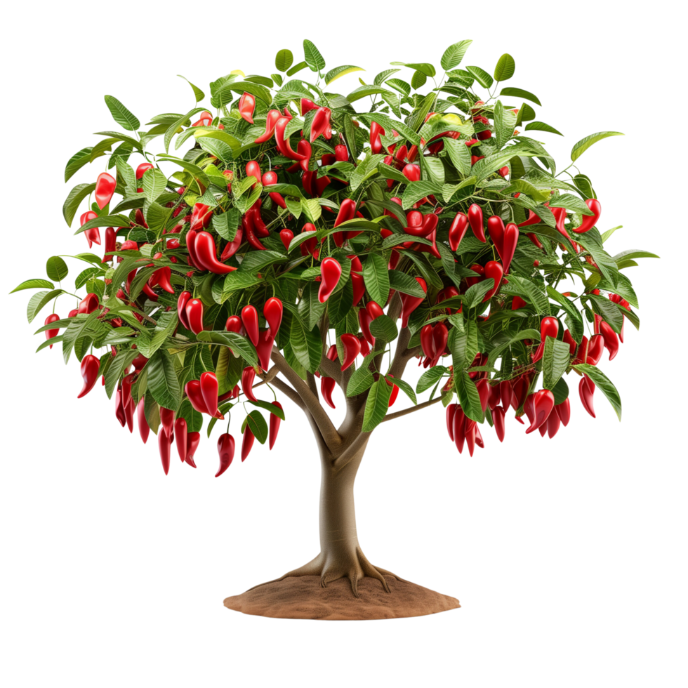 A healthy red chili pepper tree laden with bright red peppers, isolated on a transparent background png
