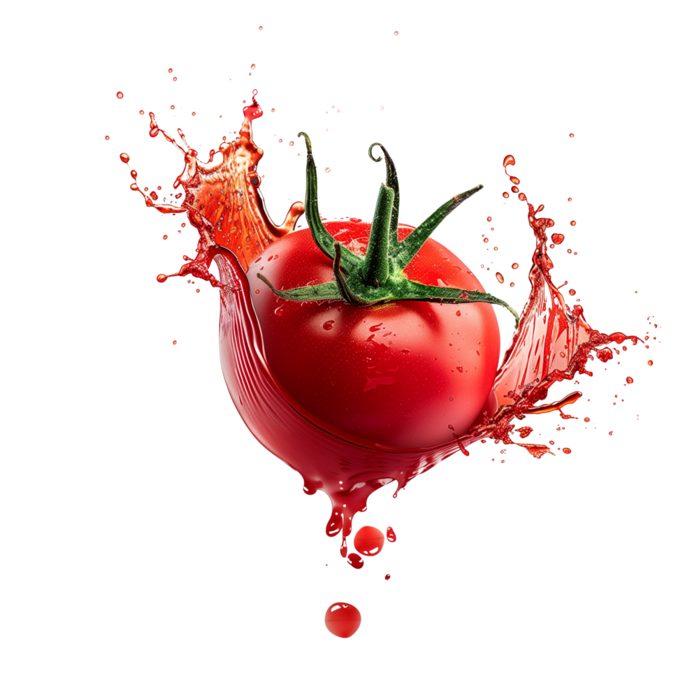 A fresh tomato in a vibrant red sauce splash, captured mid-air, isolated on a transparent background png