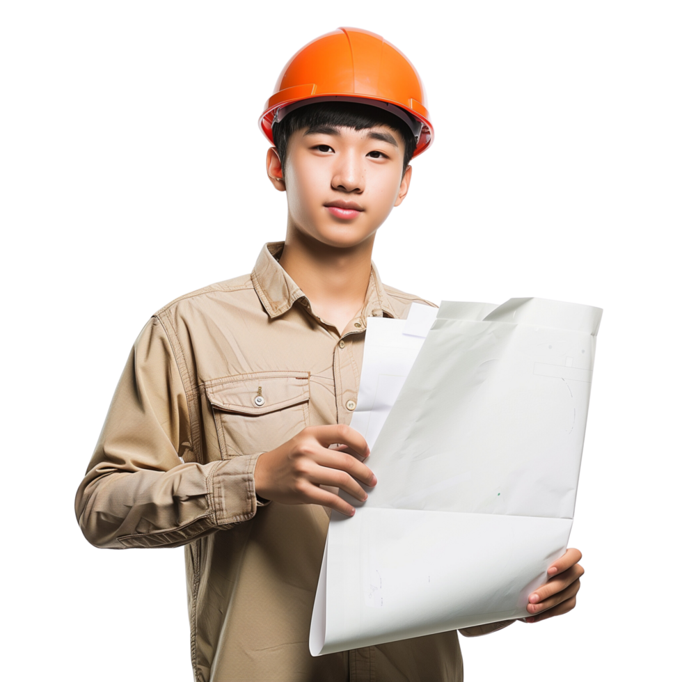 Portrait of a handsome young Chinese construction engineer holding blueprints, isolated on a transparent background png