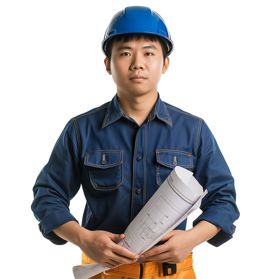 Portrait of a handsome young Chinese construction engineer holding blueprints, isolated on a transparent background png