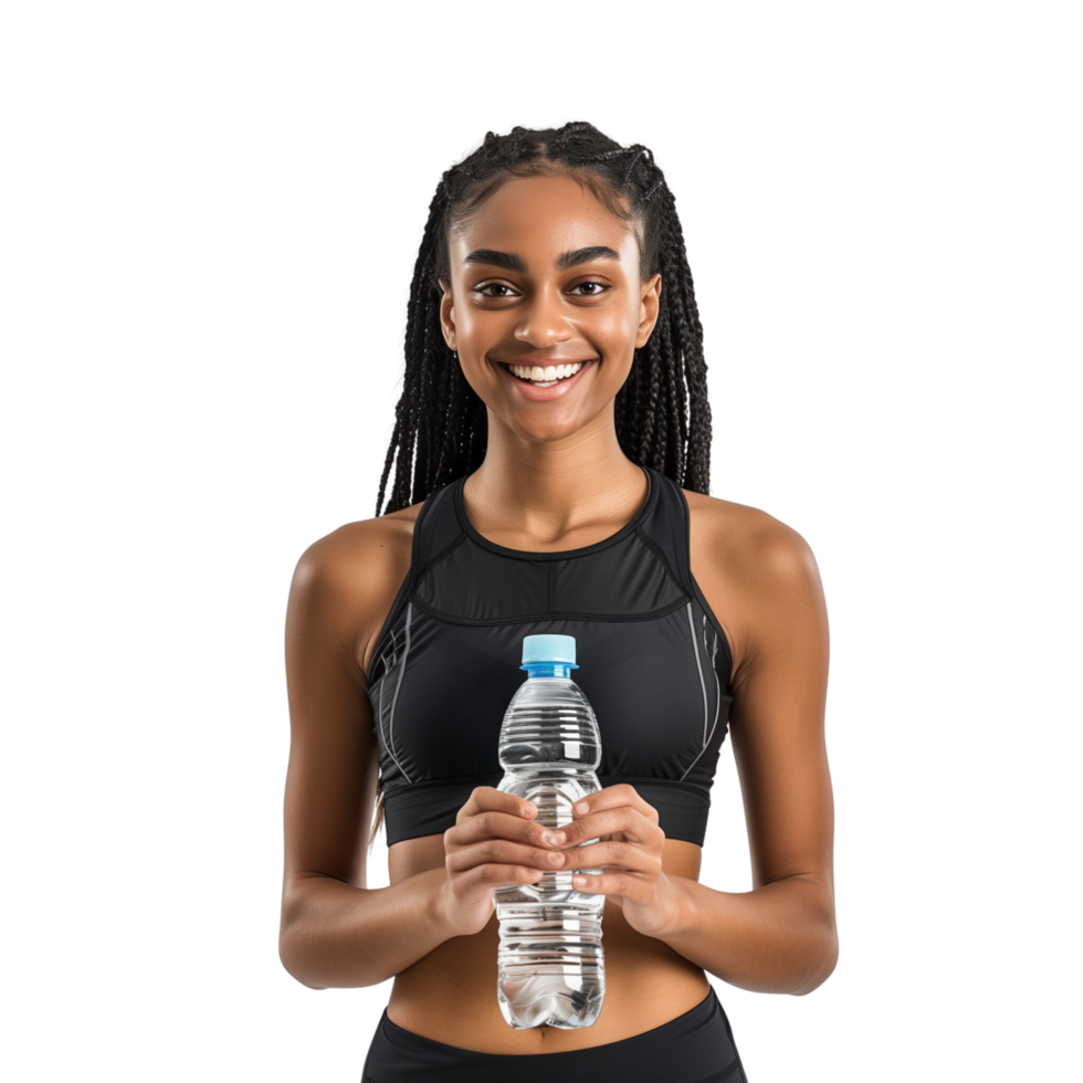 Smiling female athlete holding a water bottle, isolated on a transparent background png