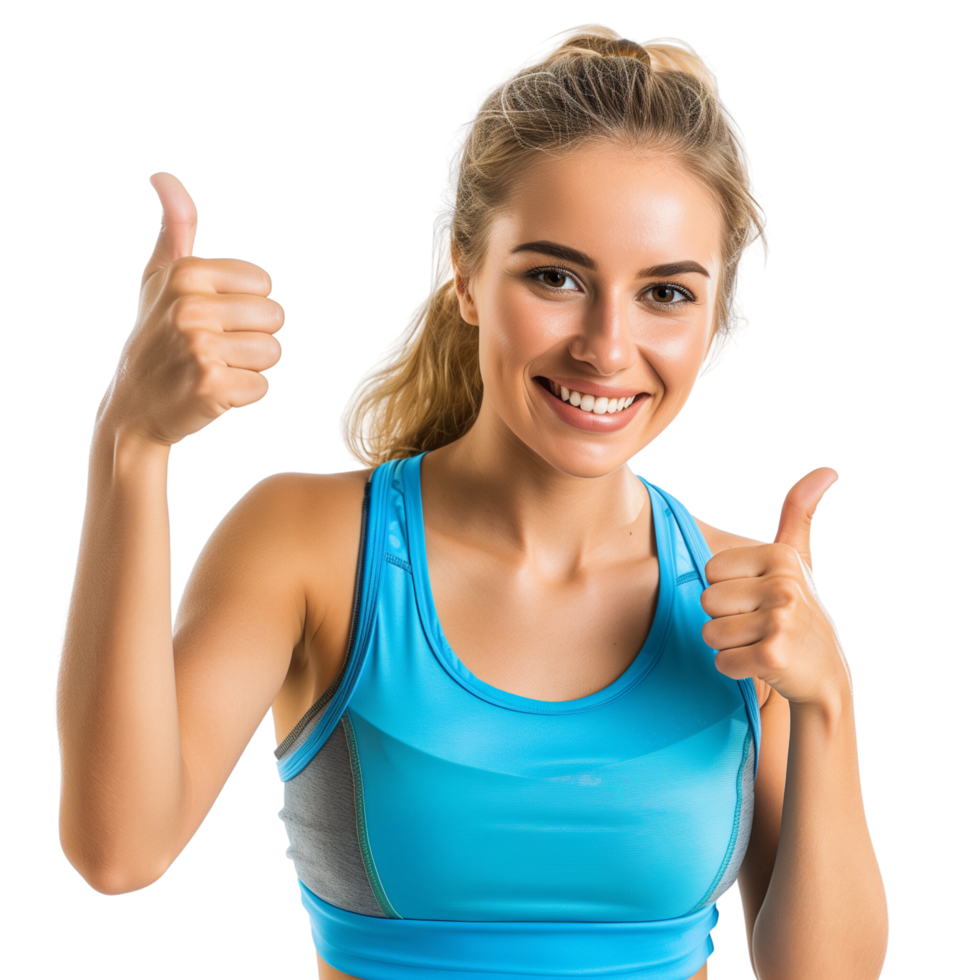 Cheerful woman in athletic wear showing a thumbs-up, isolated on a transparent background png