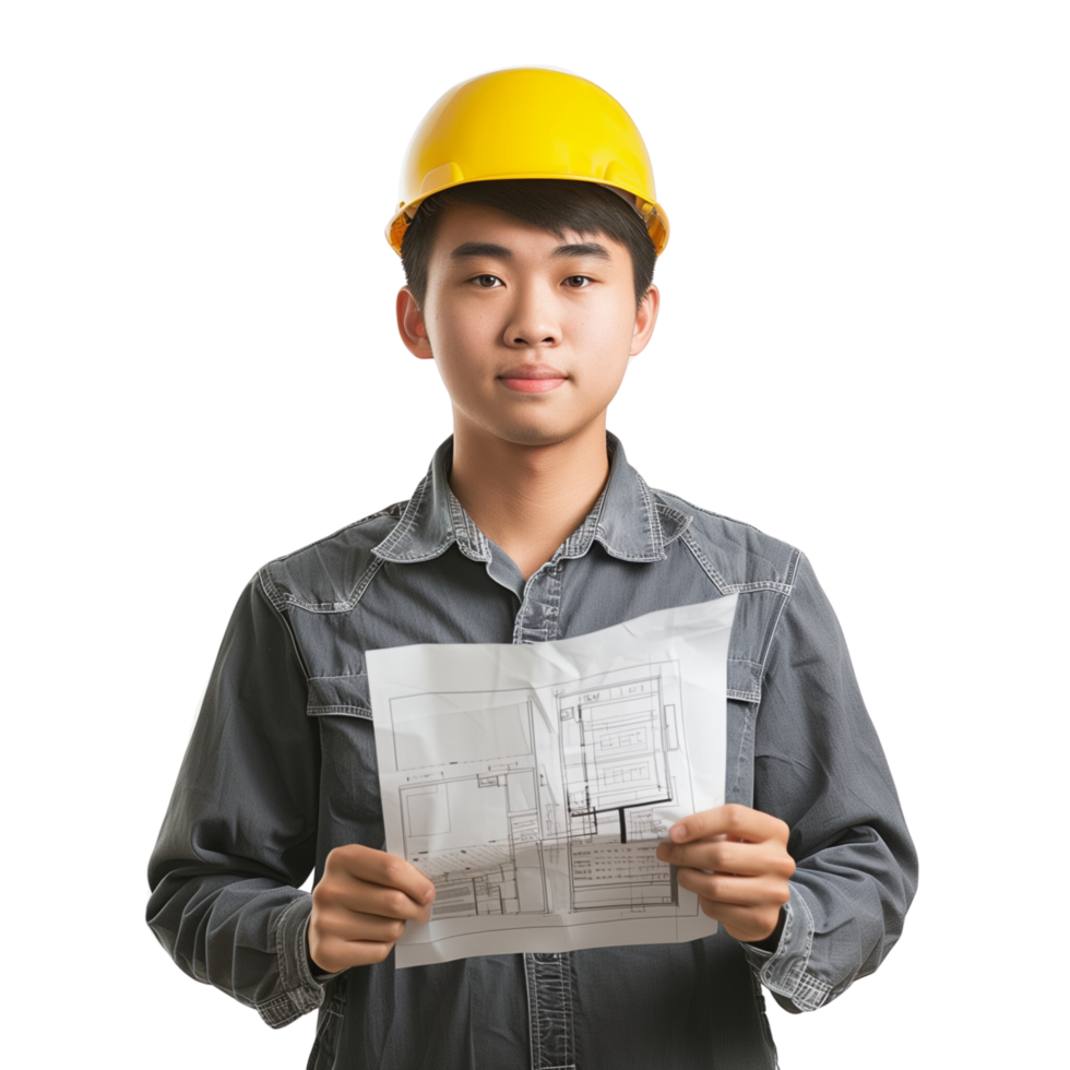 Portrait of a handsome young Chinese construction engineer holding blueprints, isolated on a transparent background png