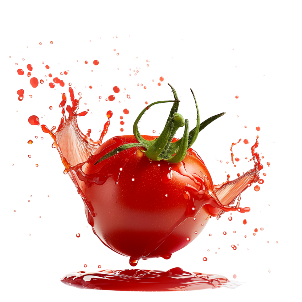 A fresh tomato in a vibrant red sauce splash, captured mid-air, isolated on a transparent background png
