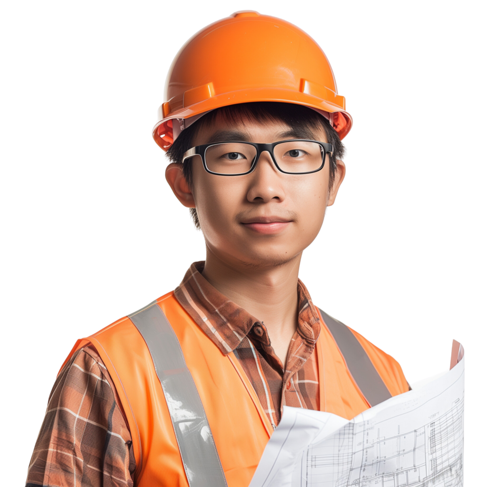 Portrait of a handsome young Chinese construction engineer holding blueprints, isolated on a transparent background png