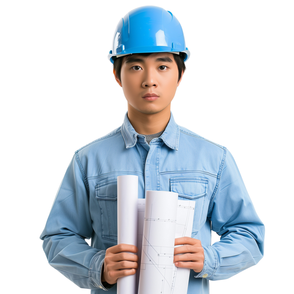 Portrait of a handsome young Chinese construction engineer holding blueprints, isolated on a transparent background png