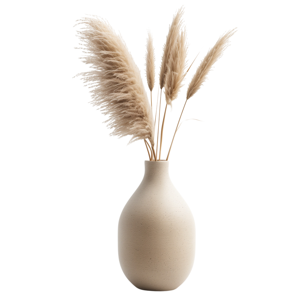 A pampa grass arrangement in a simple ceramic vase, isolated on a transparent background png