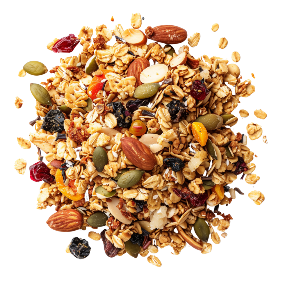 A top view of a granola, isolated on a transparent background png